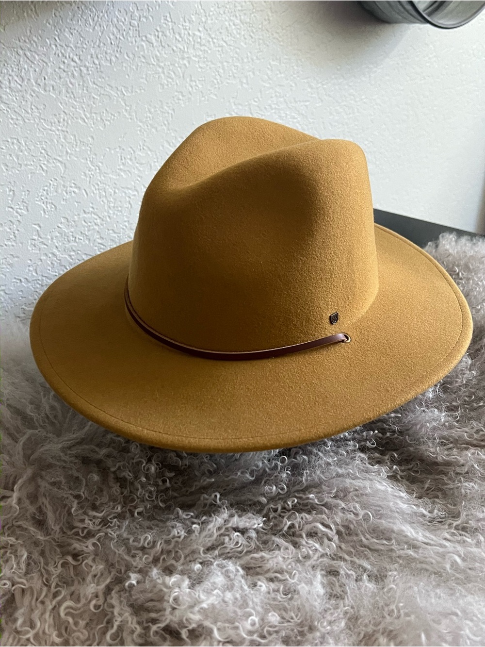 Brixton Wide-Brim Felt Fedora in Mustard with Brown Band